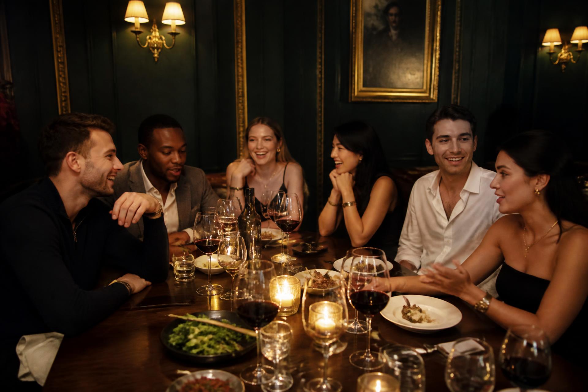 Members gathered around a candlelit dinner table